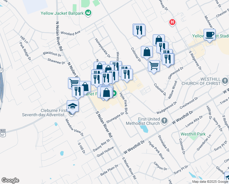 map of restaurants, bars, coffee shops, grocery stores, and more near Mall Drive in Cleburne