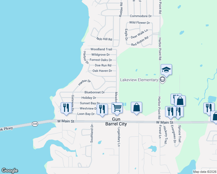 map of restaurants, bars, coffee shops, grocery stores, and more near 180 Harbor Drive in Gun Barrel City