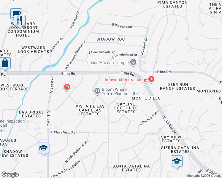 map of restaurants, bars, coffee shops, grocery stores, and more near 7047 North Skyway Drive in Tucson
