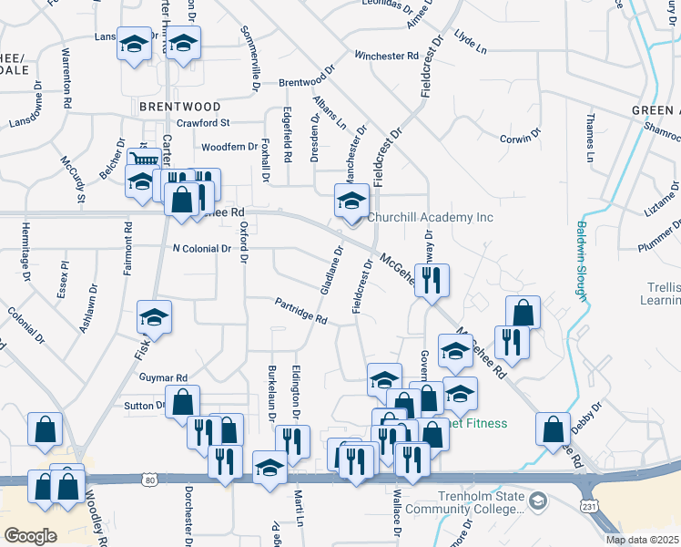 map of restaurants, bars, coffee shops, grocery stores, and more near 2401 Gladlane Drive in Montgomery