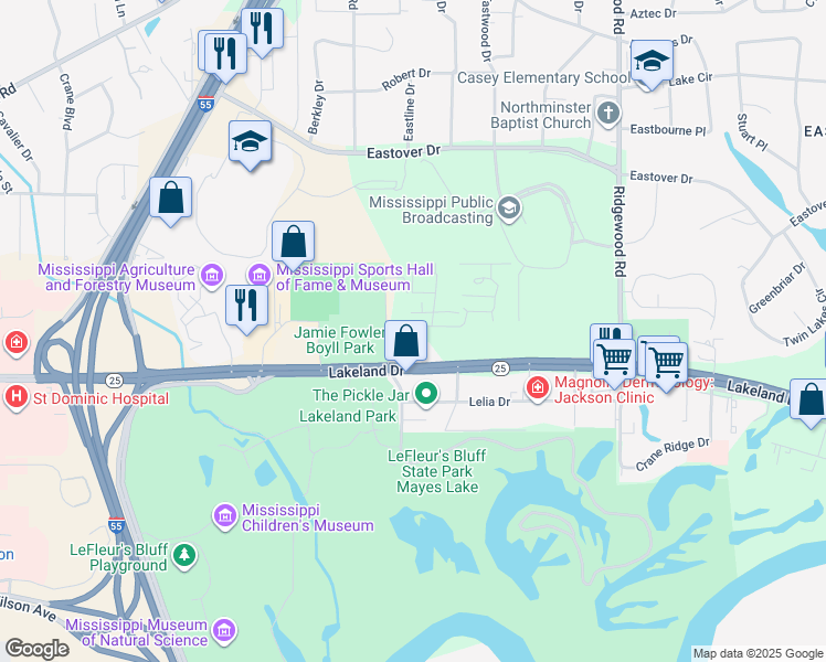 map of restaurants, bars, coffee shops, grocery stores, and more near 57 Eastbrooke Street in Jackson