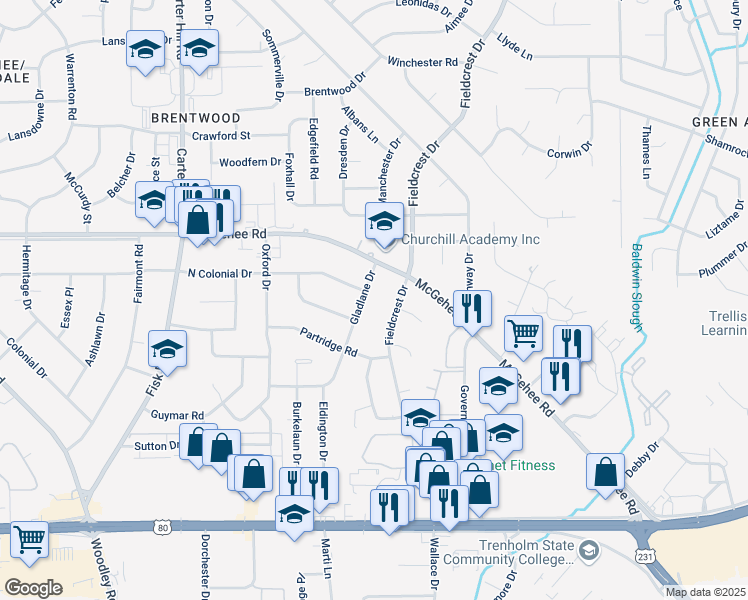 map of restaurants, bars, coffee shops, grocery stores, and more near 2401 Gladlane Drive in Montgomery