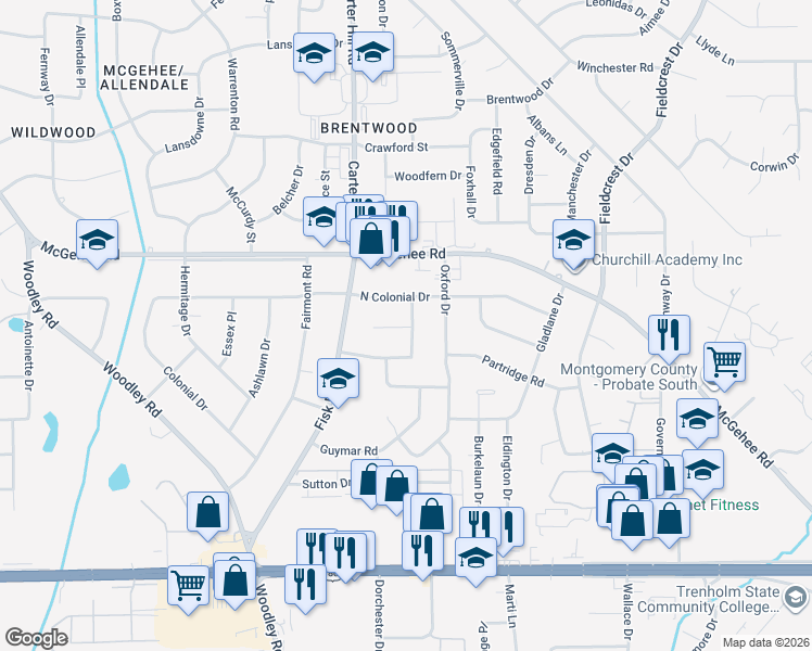 map of restaurants, bars, coffee shops, grocery stores, and more near 3033 Merrimac Court in Montgomery