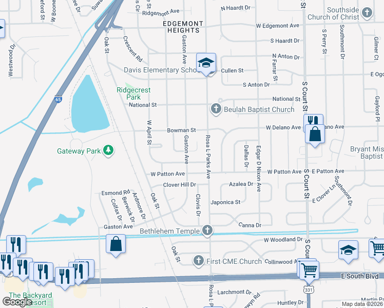 map of restaurants, bars, coffee shops, grocery stores, and more near 655 Belvedere Drive in Montgomery