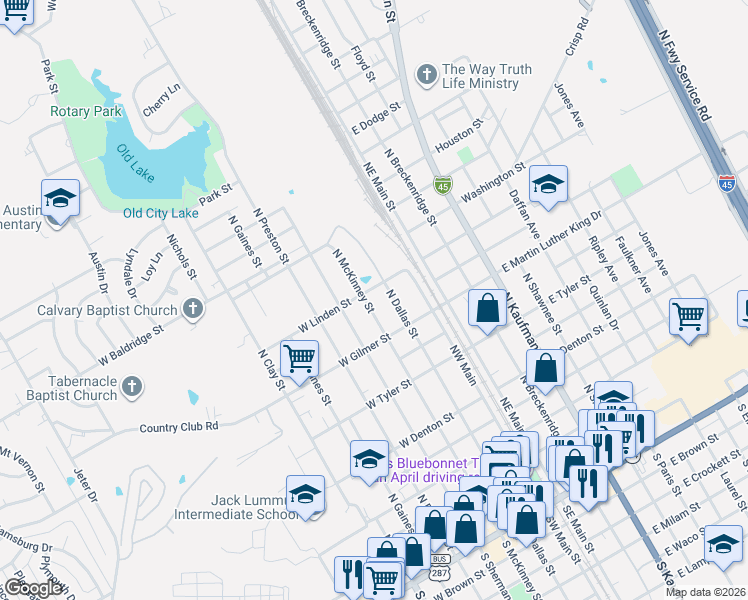map of restaurants, bars, coffee shops, grocery stores, and more near 1108 North McKinney Street in Ennis