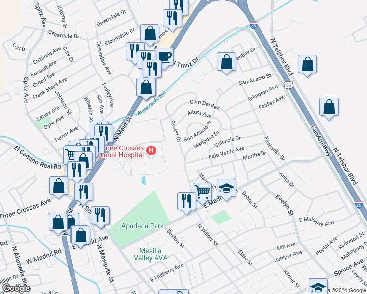 map of restaurants, bars, coffee shops, grocery stores, and more near 2510 Desert Drive in Las Cruces