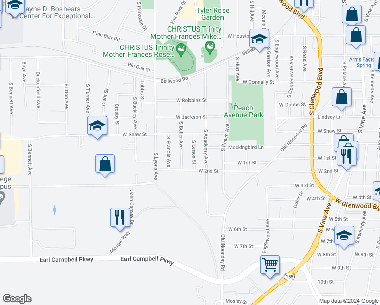 map of restaurants, bars, coffee shops, grocery stores, and more near 1215 South Lenox Street in Tyler