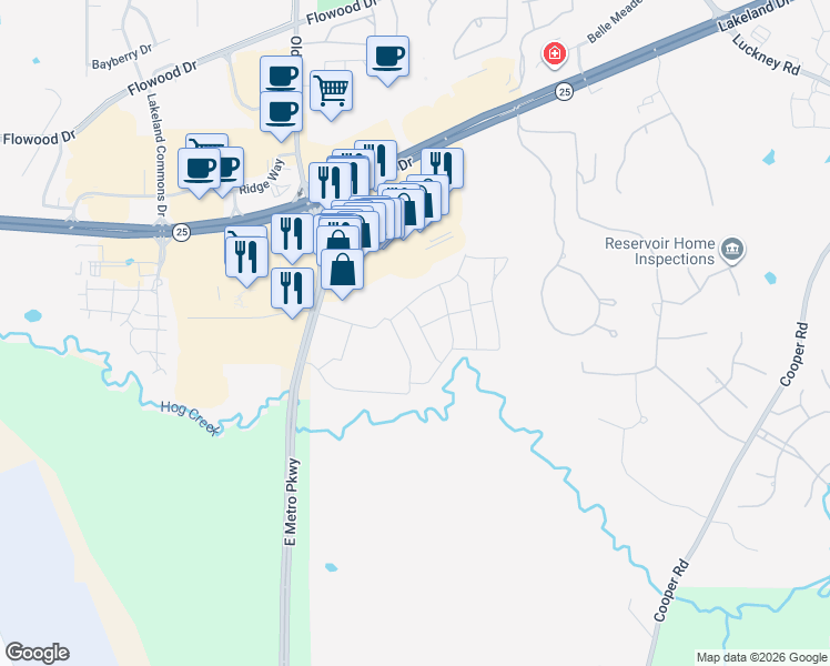 map of restaurants, bars, coffee shops, grocery stores, and more near 100 Dogwood Way in Pearl