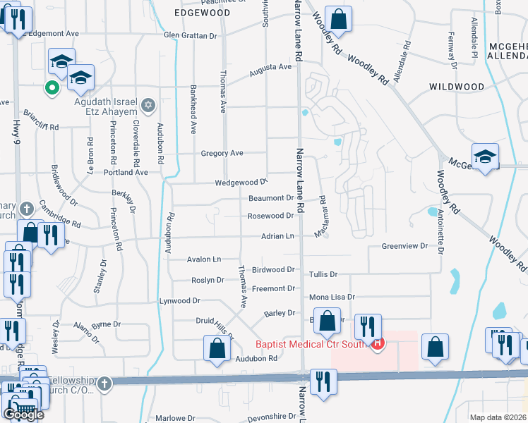 map of restaurants, bars, coffee shops, grocery stores, and more near 1427 Rosewood Drive in Montgomery