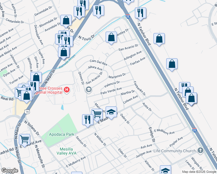 map of restaurants, bars, coffee shops, grocery stores, and more near 1660 Valencia Drive in Las Cruces