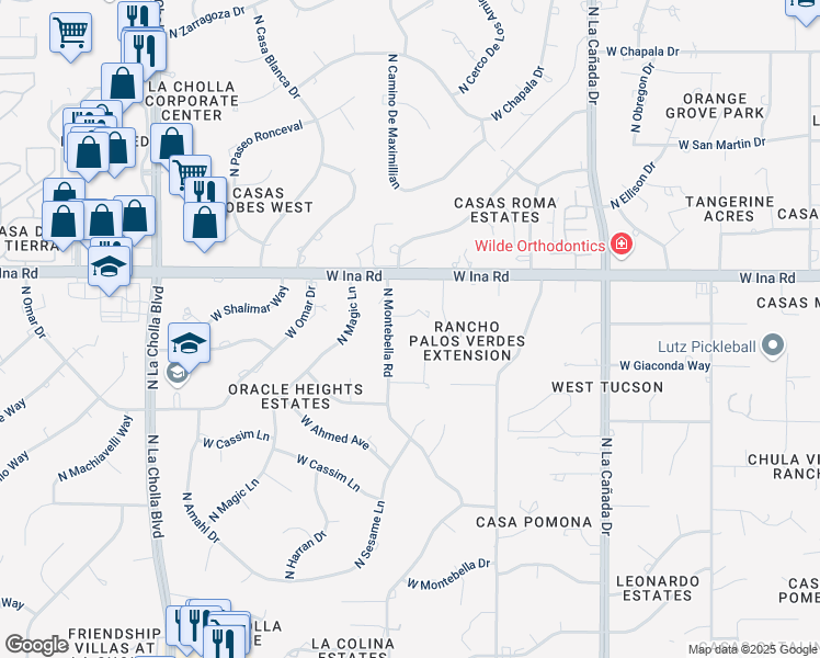 map of restaurants, bars, coffee shops, grocery stores, and more near 1743 West Niona Place in Tucson