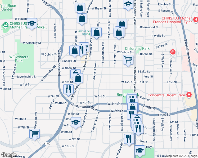 map of restaurants, bars, coffee shops, grocery stores, and more near 1212 Augusta Avenue in Tyler