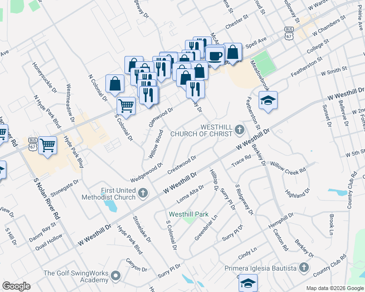 map of restaurants, bars, coffee shops, grocery stores, and more near 1225 Tanglewood Drive in Cleburne