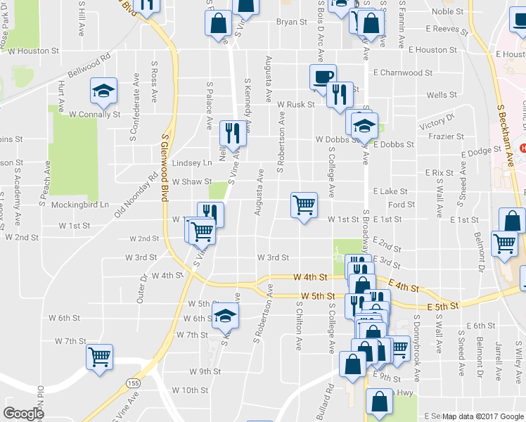 map of restaurants, bars, coffee shops, grocery stores, and more near 1212 Augusta Ave in Tyler