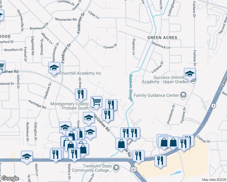 map of restaurants, bars, coffee shops, grocery stores, and more near 3505 Heatherbrooke Court in Montgomery