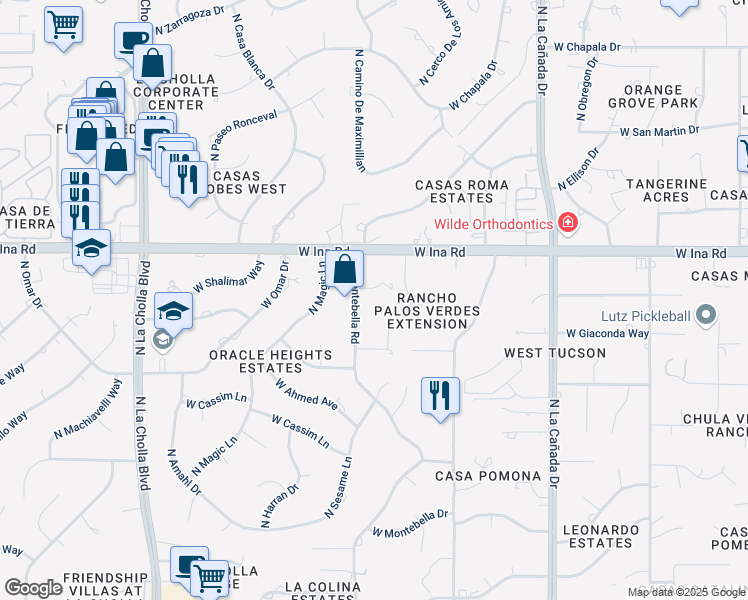 map of restaurants, bars, coffee shops, grocery stores, and more near 1743 West Niona Place in Tucson
