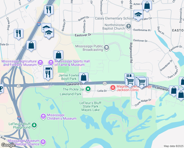 map of restaurants, bars, coffee shops, grocery stores, and more near Eastbrooke Street in Jackson