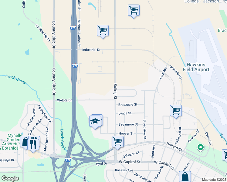 map of restaurants, bars, coffee shops, grocery stores, and more near 467 Boling Street in Jackson