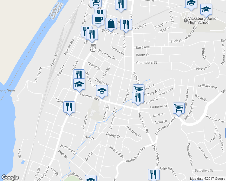 map of restaurants, bars, coffee shops, grocery stores, and more near 2506 Letitia St in Vicksburg