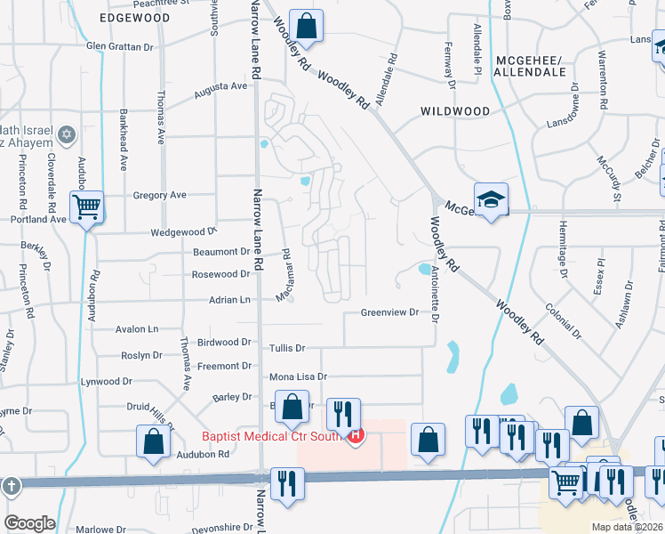 map of restaurants, bars, coffee shops, grocery stores, and more near 3825 Lockwood Lane in Montgomery
