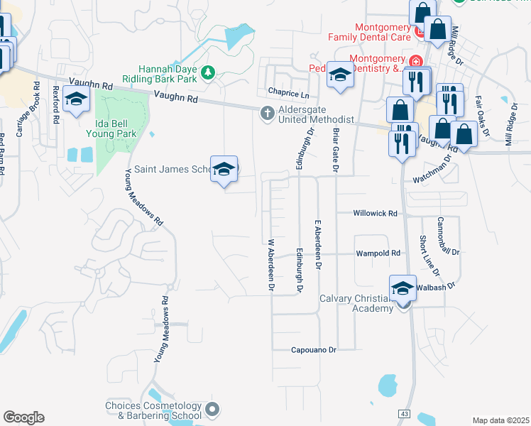 map of restaurants, bars, coffee shops, grocery stores, and more near 2086 West Aberdeen Drive in Montgomery