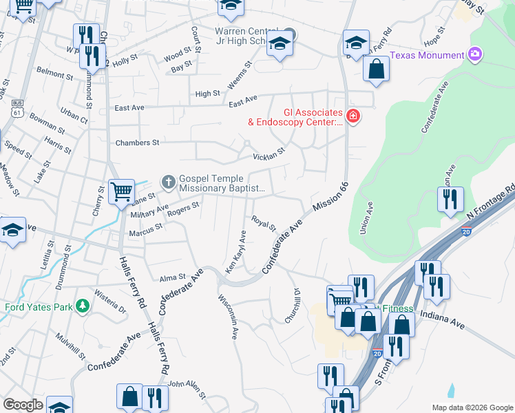 map of restaurants, bars, coffee shops, grocery stores, and more near 2605 Grant St in Vicksburg