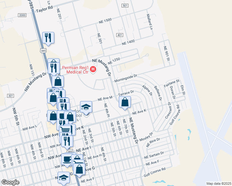 map of restaurants, bars, coffee shops, grocery stores, and more near 1400 Terrace Drive in Andrews