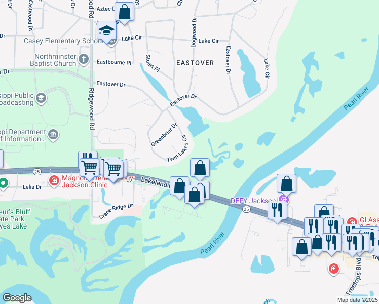 map of restaurants, bars, coffee shops, grocery stores, and more near 2353 Twin Lakes Circle in Jackson
