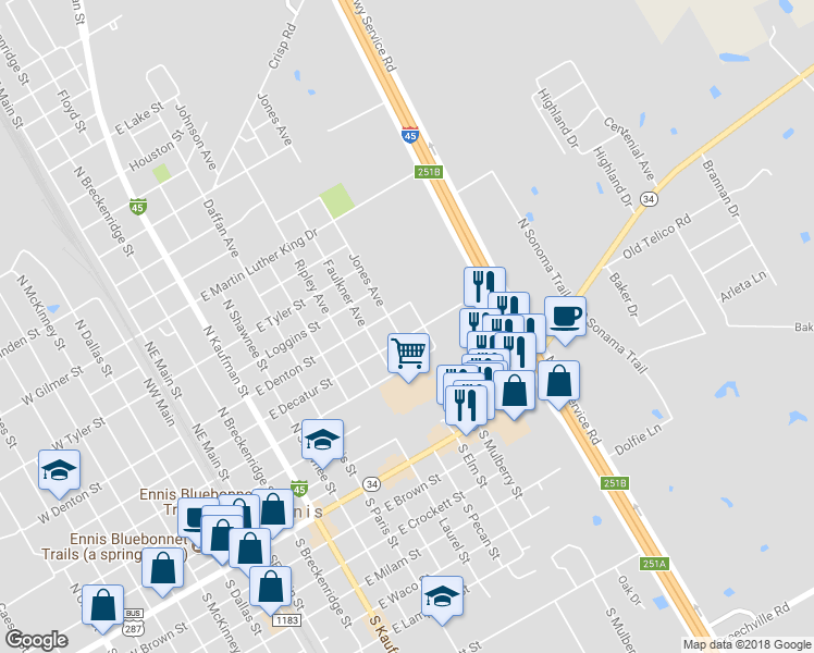 map of restaurants, bars, coffee shops, grocery stores, and more near 902 East Decatur Street in Ennis