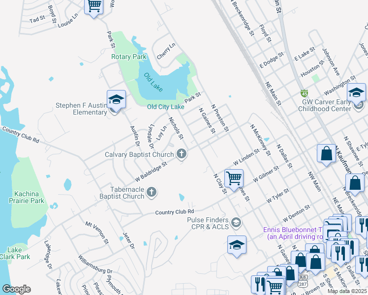 map of restaurants, bars, coffee shops, grocery stores, and more near 1403 Nichols Street in Ennis