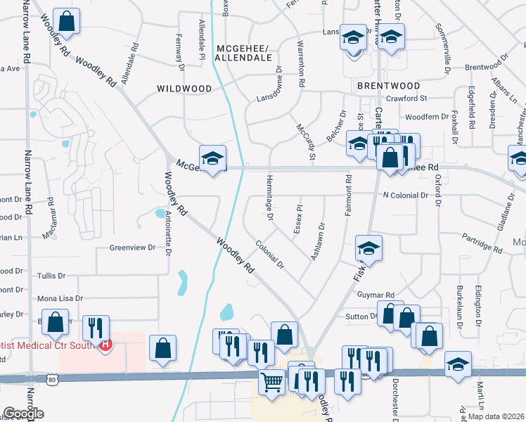 map of restaurants, bars, coffee shops, grocery stores, and more near 2714 Hermitage Drive in Montgomery