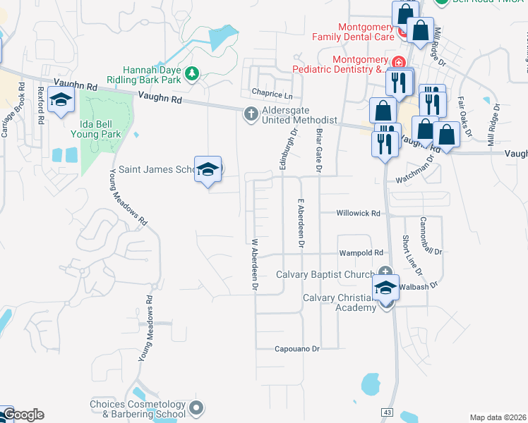 map of restaurants, bars, coffee shops, grocery stores, and more near 6725 Patti Court in Montgomery