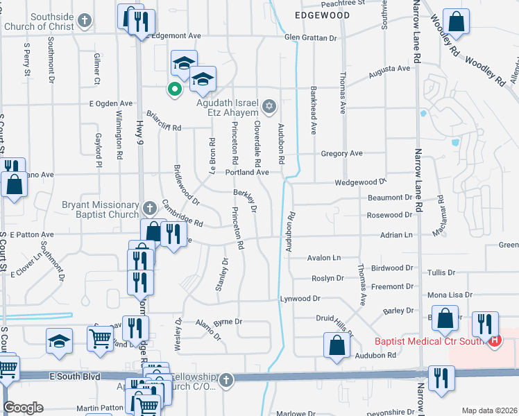map of restaurants, bars, coffee shops, grocery stores, and more near 3675 Berkley Drive in Montgomery