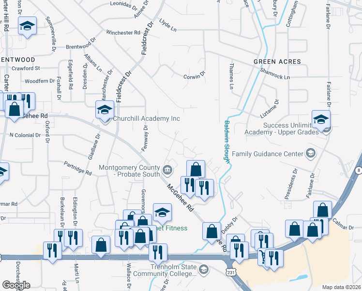 map of restaurants, bars, coffee shops, grocery stores, and more near 3512 Summerhill Drive in Montgomery