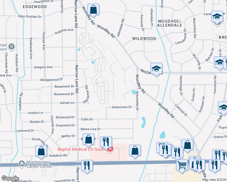 map of restaurants, bars, coffee shops, grocery stores, and more near 2573 Gunster Road in Montgomery
