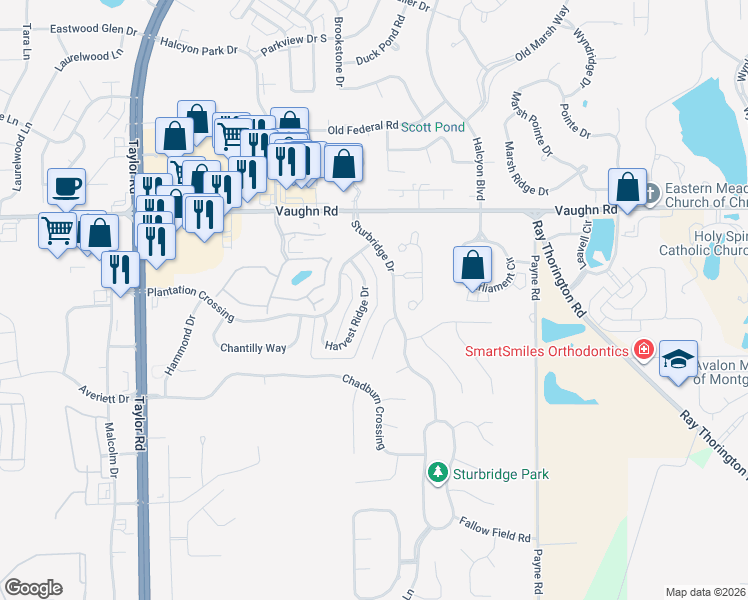 map of restaurants, bars, coffee shops, grocery stores, and more near 8641 Harvest Ridge Drive in Montgomery