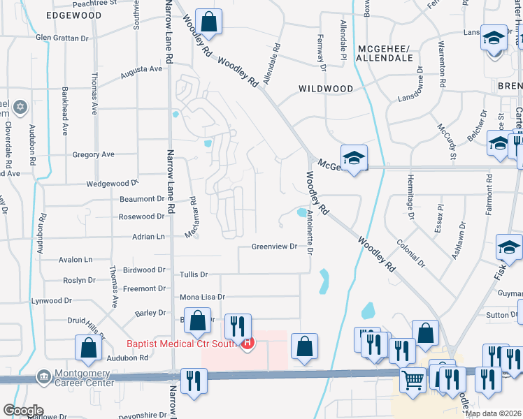 map of restaurants, bars, coffee shops, grocery stores, and more near 2503 Gunster Road in Montgomery