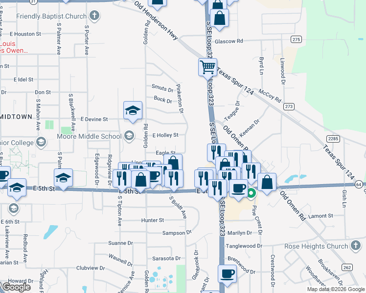 map of restaurants, bars, coffee shops, grocery stores, and more near 1209 Pinkerton Street in Tyler