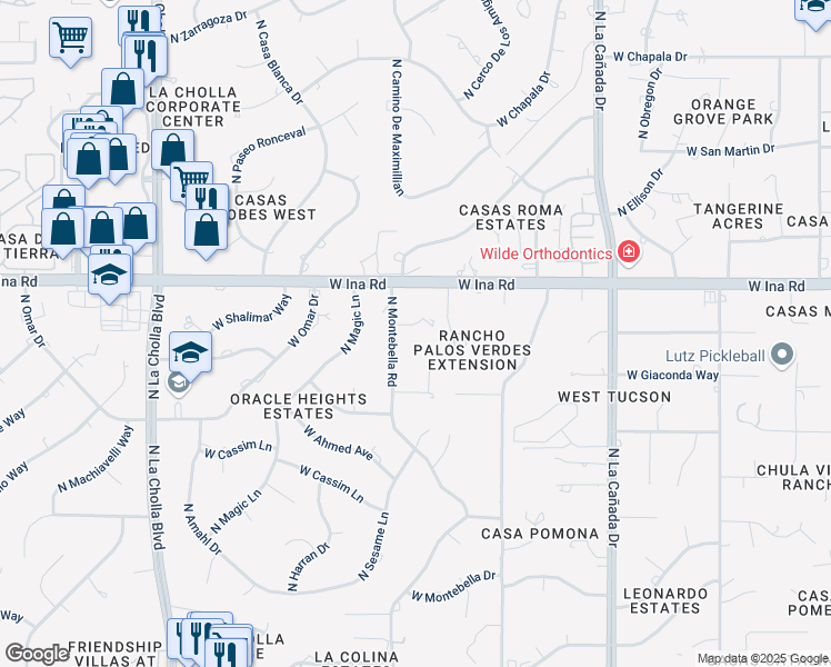 map of restaurants, bars, coffee shops, grocery stores, and more near 1743 West Niona Place in Tucson