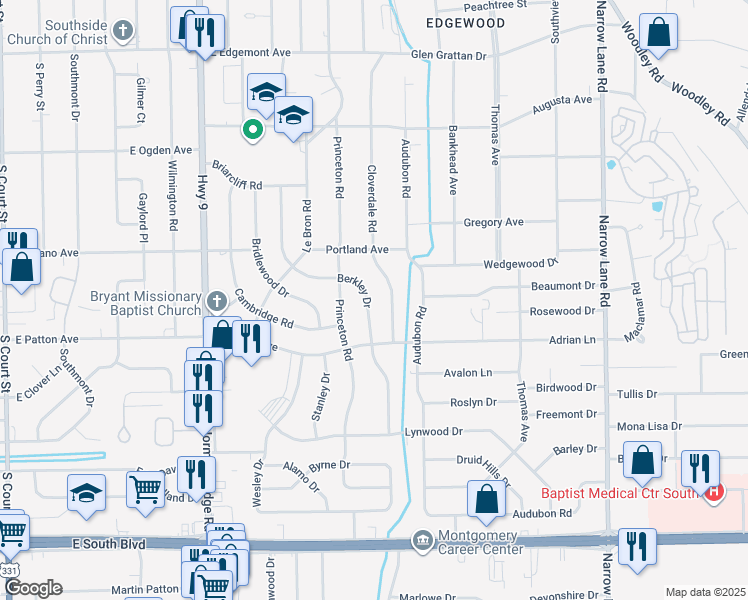 map of restaurants, bars, coffee shops, grocery stores, and more near 3675 Berkley Drive in Montgomery