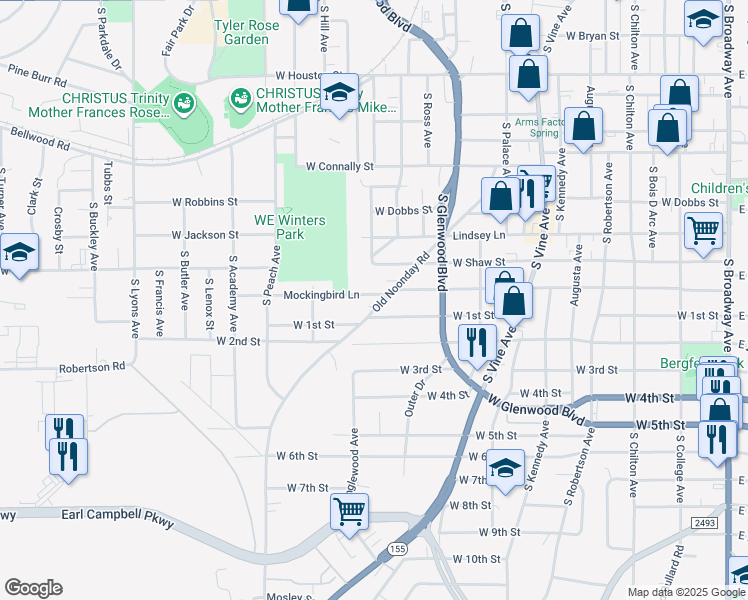 map of restaurants, bars, coffee shops, grocery stores, and more near 1207 Old Noonday Road in Tyler
