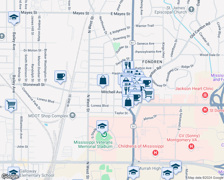 map of restaurants, bars, coffee shops, grocery stores, and more near 422 Mitchell Avenue in Jackson