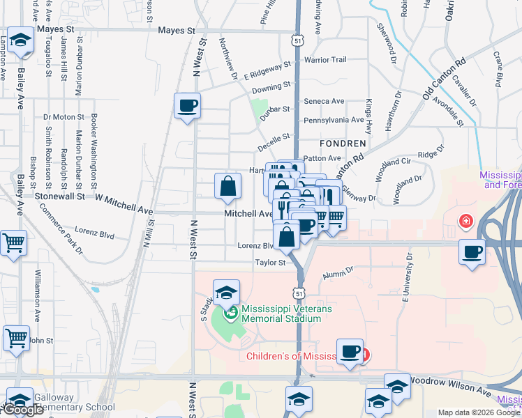 map of restaurants, bars, coffee shops, grocery stores, and more near 510 Mitchell Avenue in Jackson