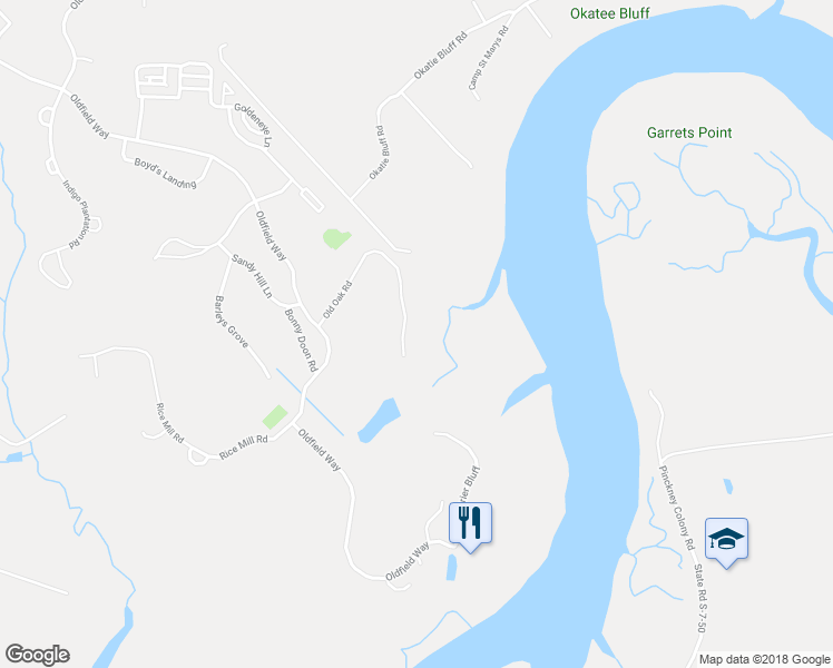 map of restaurants, bars, coffee shops, grocery stores, and more near 29 Old Oak Road in Bluffton