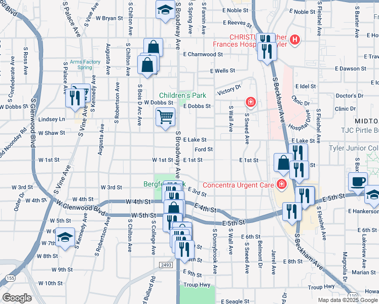 map of restaurants, bars, coffee shops, grocery stores, and more near 1207 South Fannin Avenue in Tyler