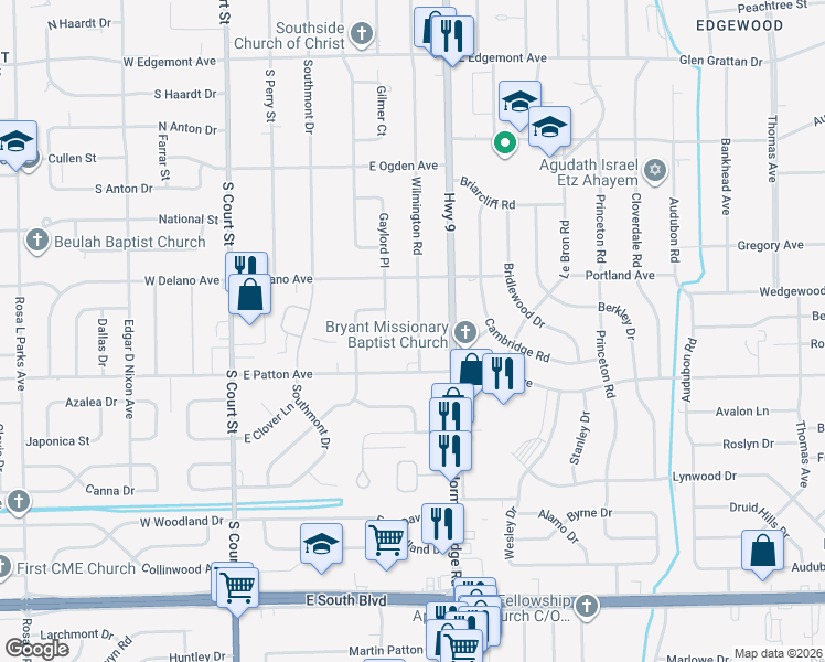 map of restaurants, bars, coffee shops, grocery stores, and more near 3654 Wilmington Road in Montgomery