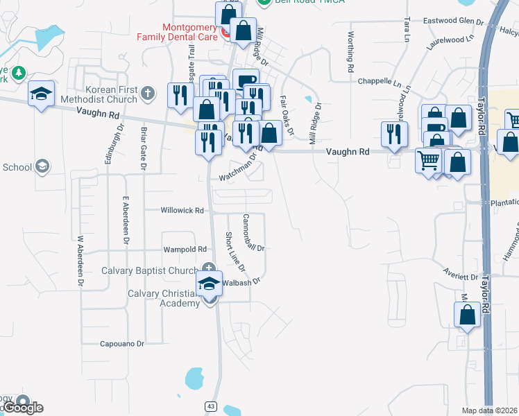 map of restaurants, bars, coffee shops, grocery stores, and more near 2149 Walbash Drive in Montgomery