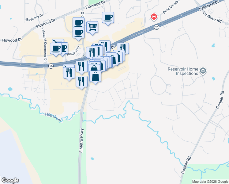 map of restaurants, bars, coffee shops, grocery stores, and more near 100 Dogwood Way in Pearl