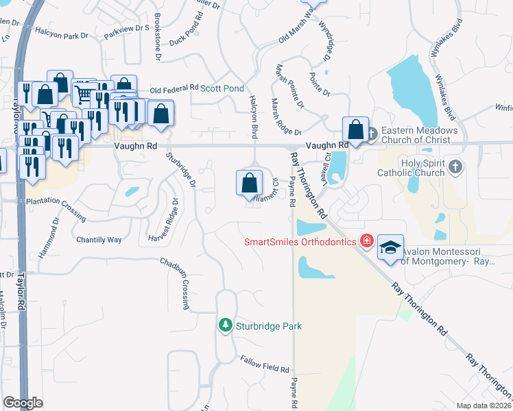map of restaurants, bars, coffee shops, grocery stores, and more near 3170 Parliament Circle in Montgomery