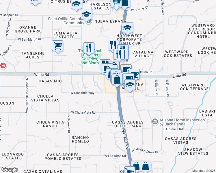 map of restaurants, bars, coffee shops, grocery stores, and more near 7040 North Vía Ponte in Tucson